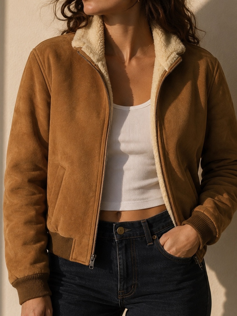 Vintage Barneys CO-OP Suede Shearling Bomber Jacket Brown Cropped - Picture 11 of 11